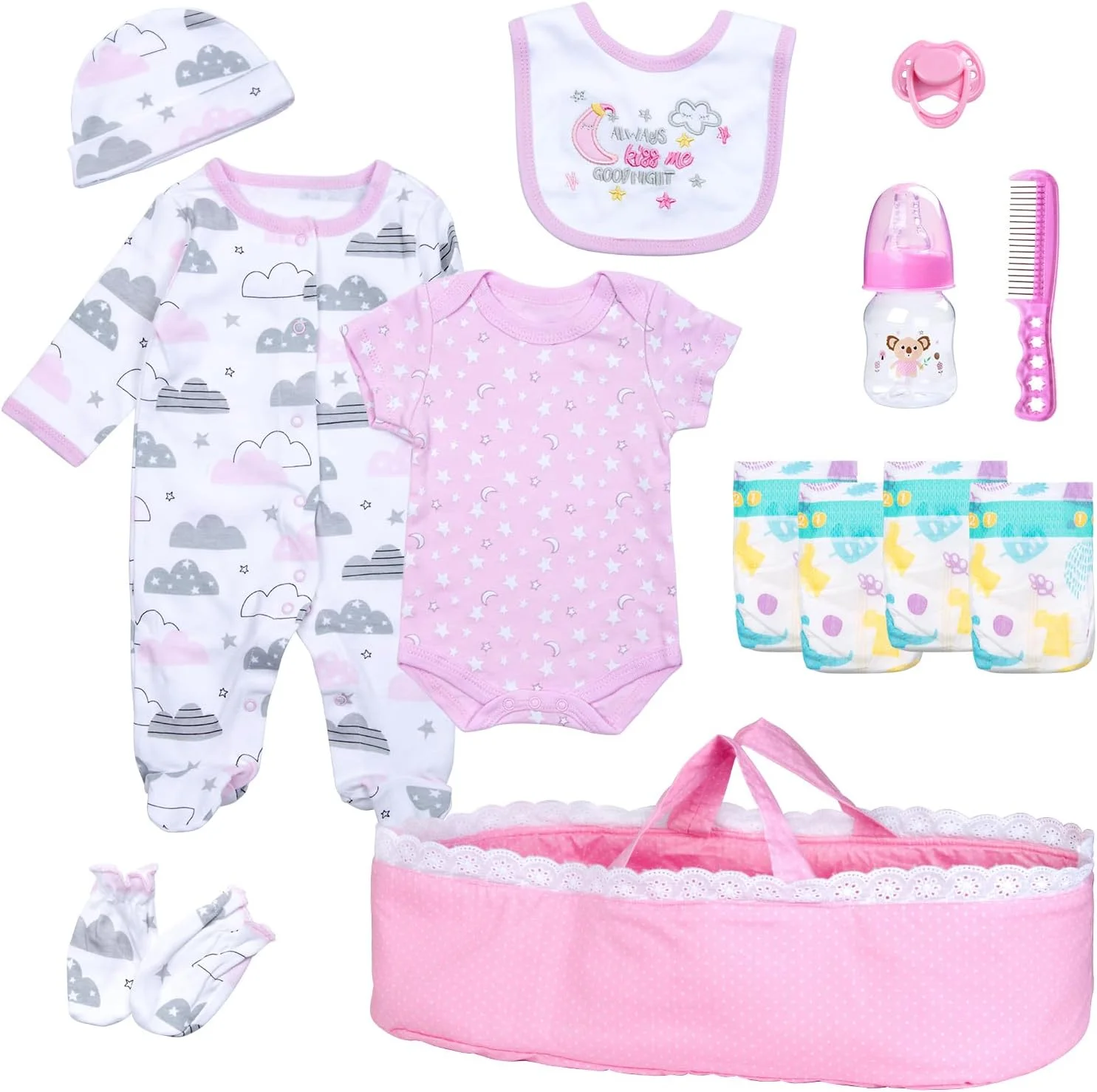 ست لباس و لوازم جانبی 13 تکه عروسک نوزاد PEDOLLTREE با گهواره خالدار صورتی و پوشک برای عروسک های نوزاد دختر 17-22 اینچی