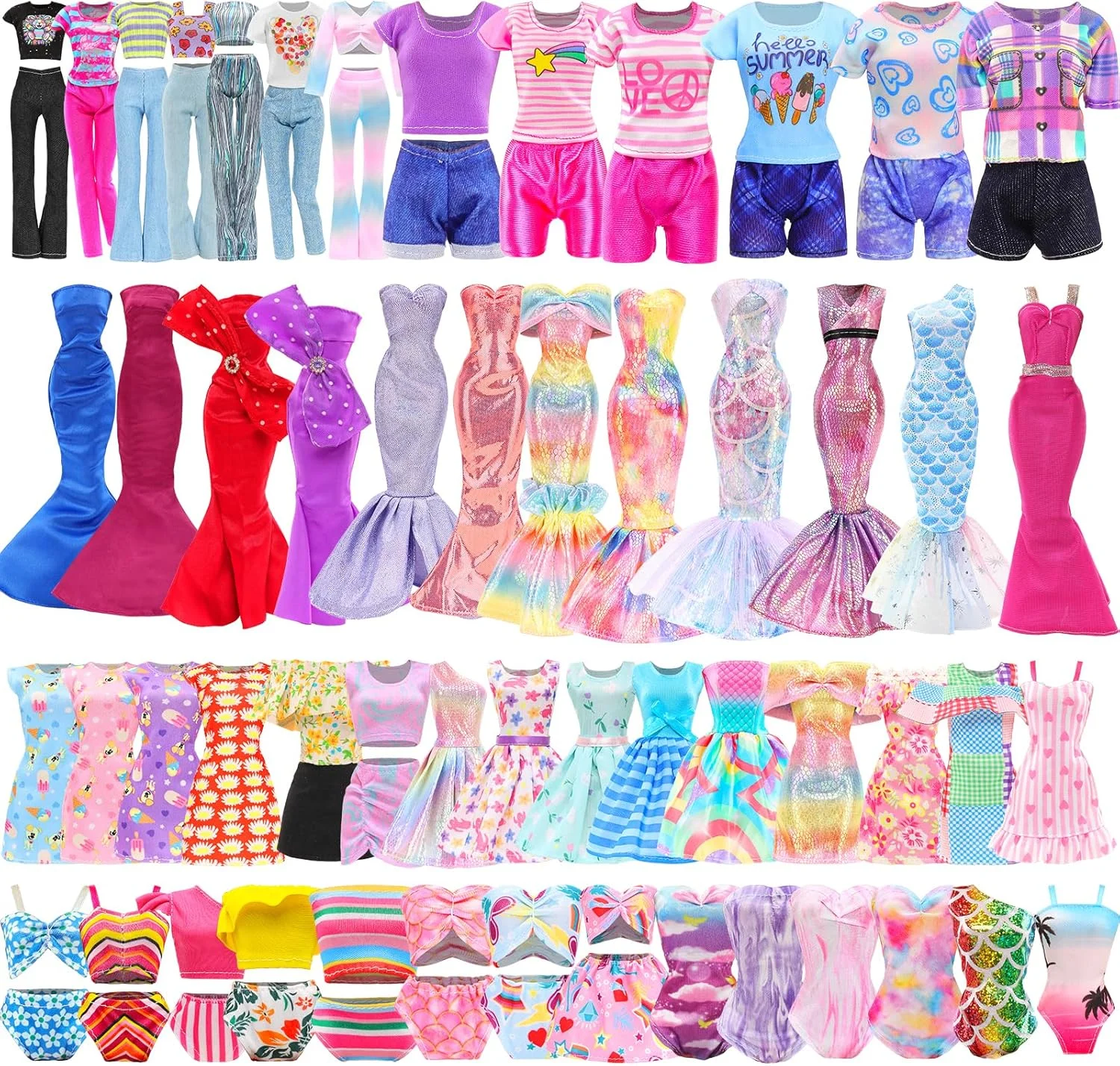 43 تکه لباس و لوازم جانبی عروسک شامل 2 لباس شب، 5 لباس مد، 5 تاپ، 5 شلوار، لباس های خنک، 3 لباس شنا با 15 جفت کفش و 13 لوازم جانبی برای ست لباس عروسک های دخترانه 11.5 اینچی