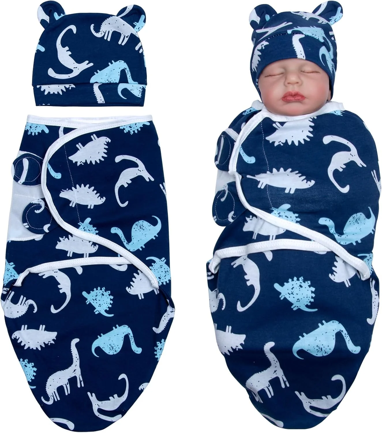 ست 2 تکه لباس، پتوی قنداق و کلاه عروسک نوزاد ریبورن با طرح دایناسور آبی مناسب عروسک پسر نوزاد 17-22 اینچی