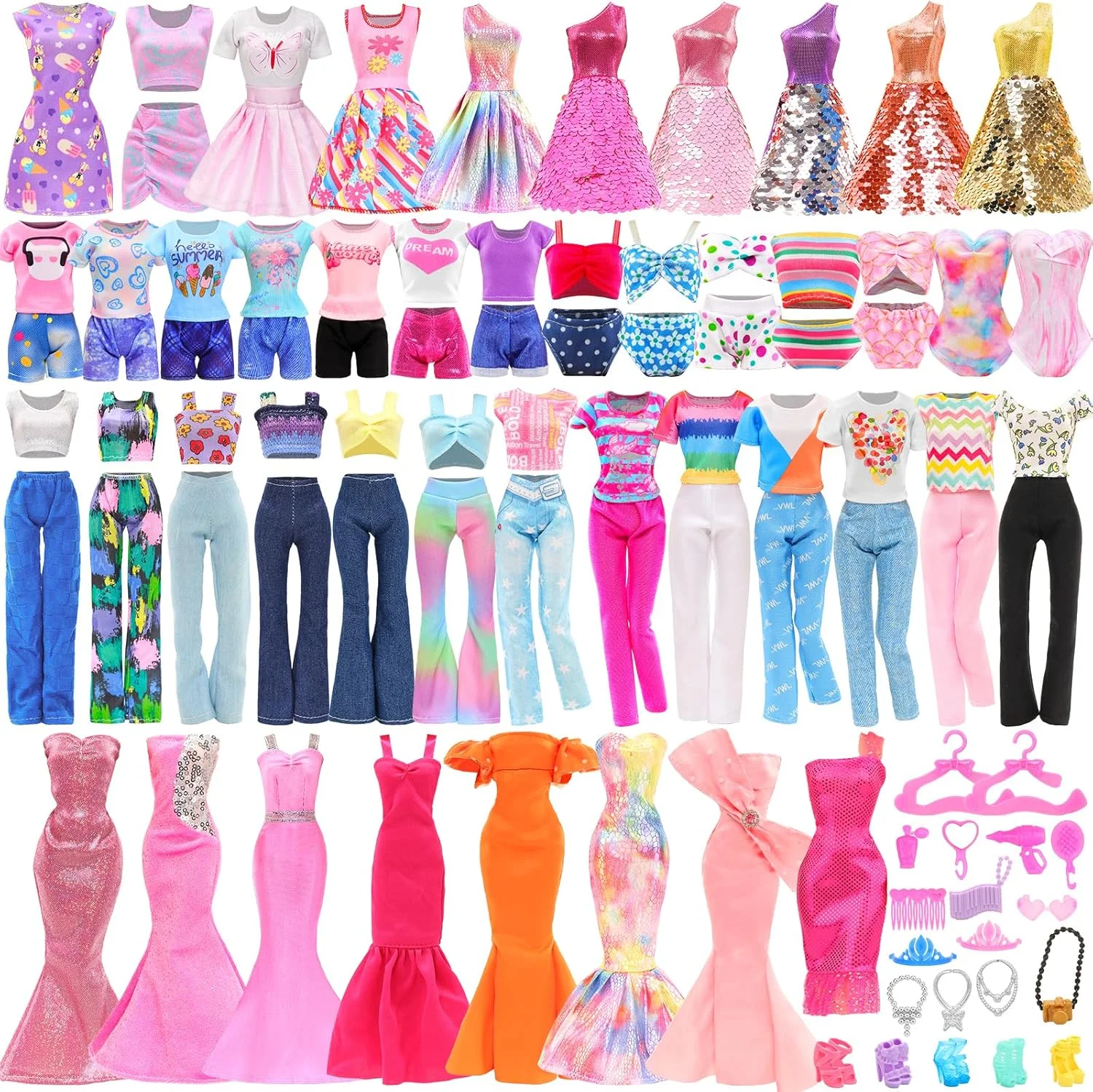 33 تکه لباس و لوازم جانبی عروسک برای عروسک های 11.5 اینچی شامل 2 لباس شب، 4 لباس مد، 4 تاپ، 4 شلوار، 3 مایو، 5 جفت کفش، 2 چوب لباسی و 13 لوازم جانبی