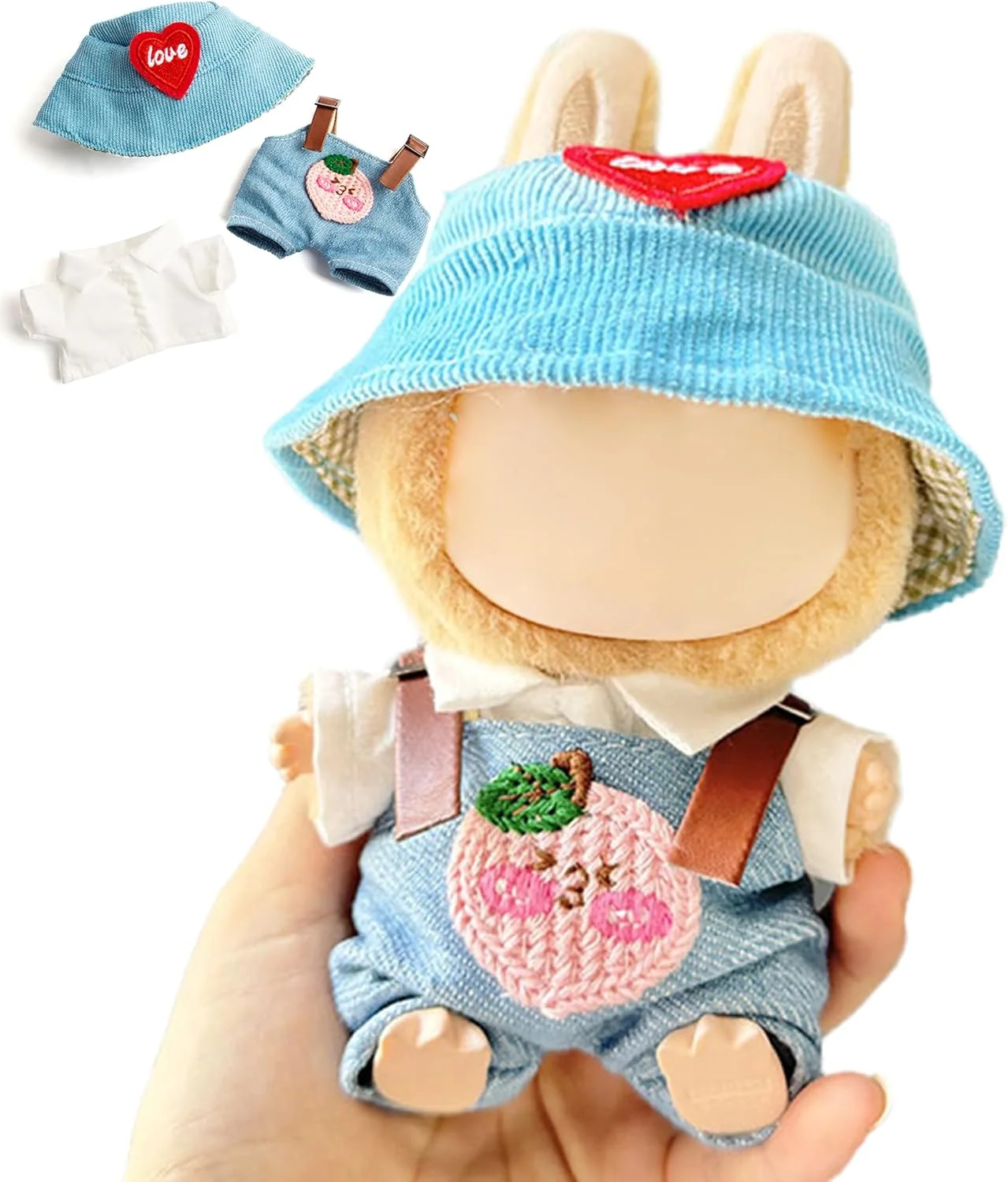 ست لباس 3 تکه شیک برای عروسک 17 سانتی متری لبو، لباس با کیفیت عالی با لوازم جانبی - کلاه فیروزه ای قلب قرمز و پیراهن های پولو و رامپر هلویی (بدون عروسک)