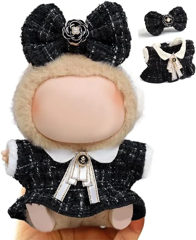 ست لباس عروسک 17 سانتی متری - لباس شیک عروسک با پیراهن توئید چهارخانه مشکی، کراوات سفید و پاپیون - لوازم جانبی لباس عروسک کاوایی برای کلکسیونرها و طرفداران