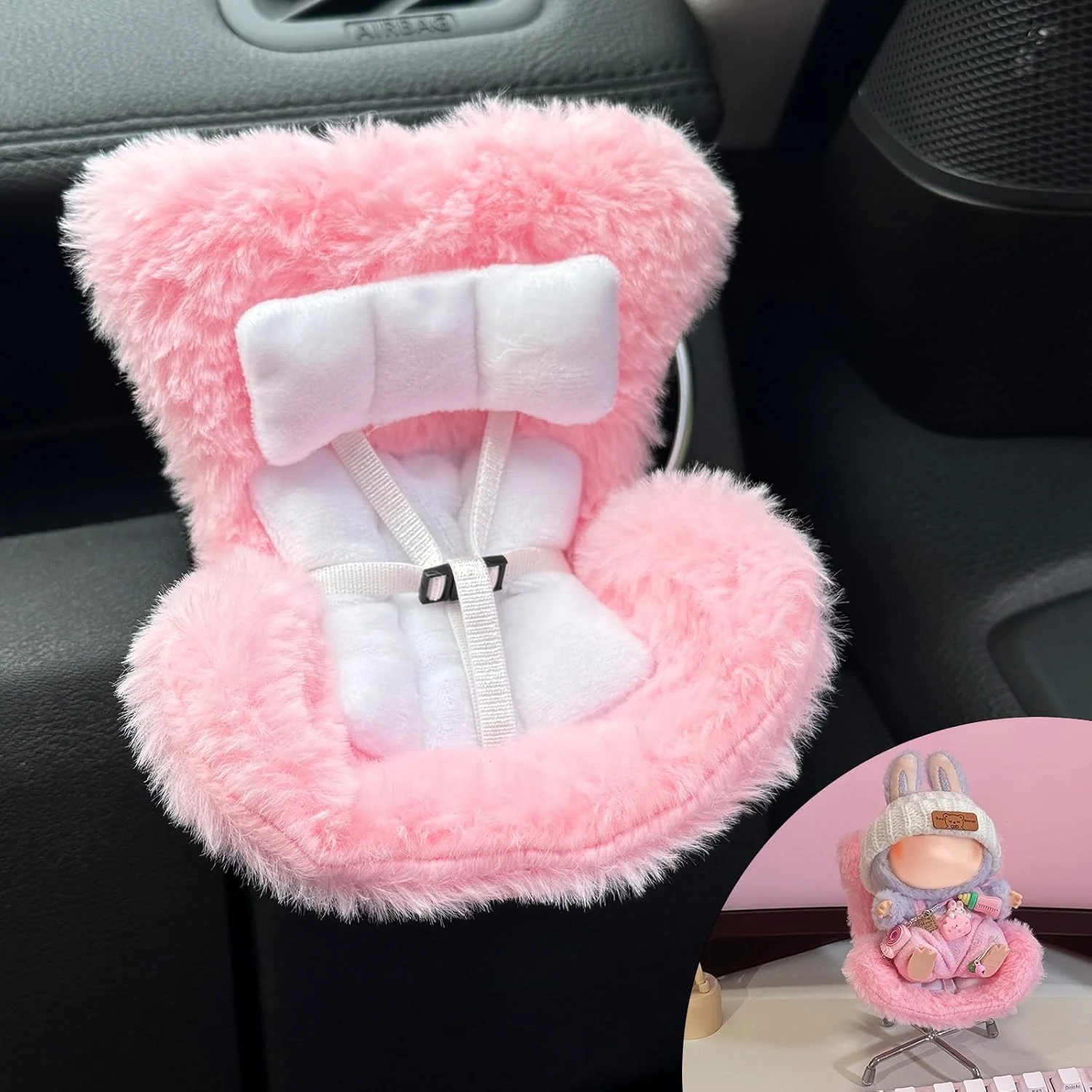 صندلی ماشین برای لابوبو، گیره دریچه صندلی ماشین برای مبل لابوبو، روکش صندلی ماشین کوسن خزدار نرم Pihk با پایه صندلی برای نمایش رومیزی لابوبو، دکوراسیون ماشین برای کلکسیونرهای طرفدار لابوبو (صورتی)