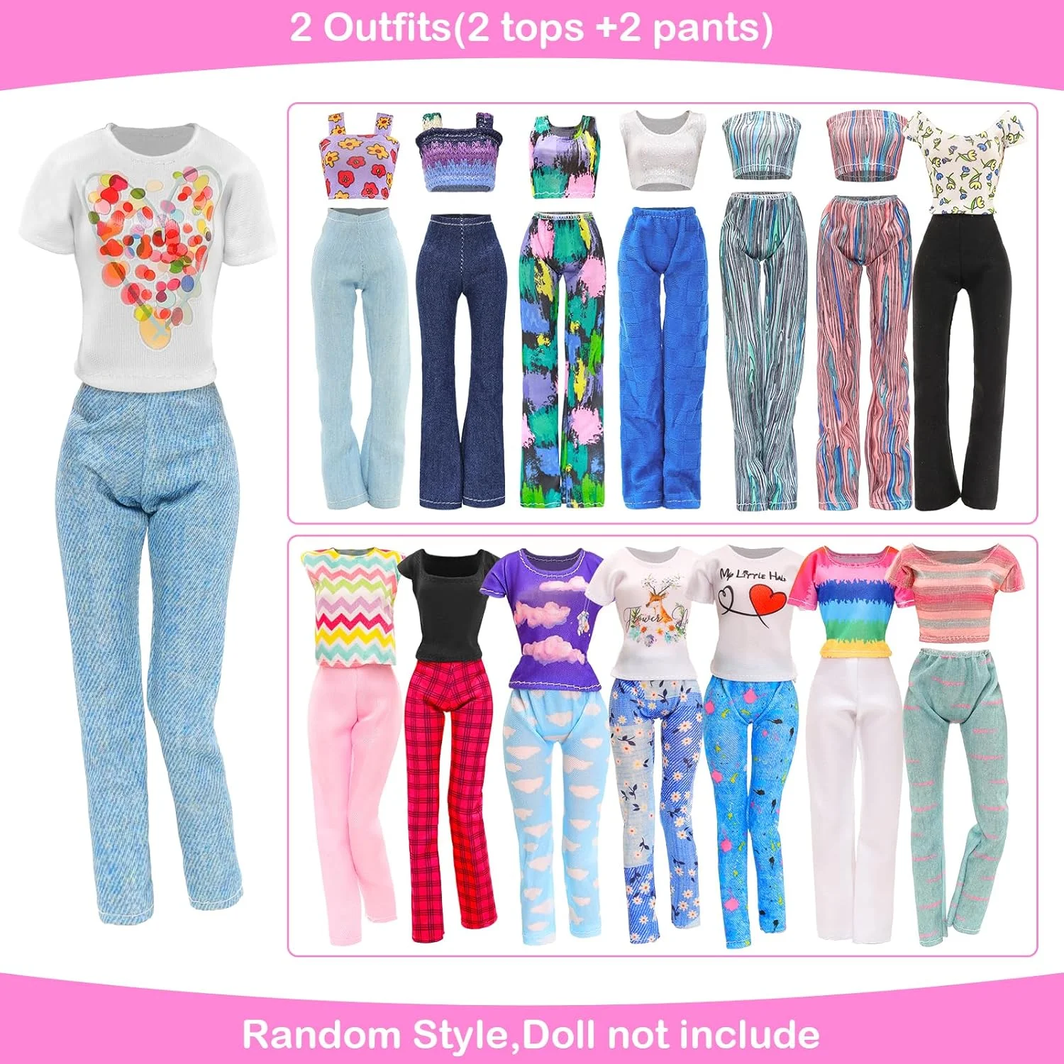 33 تکه لباس و لوازم جانبی عروسک برای عروسک های 11.5 اینچی شامل 2 لباس شب، 4 لباس مد، 4 تاپ، 4 شلوار، 3 مایو، 5 جفت کفش، 2 چوب لباسی و 13 لوازم جانبی