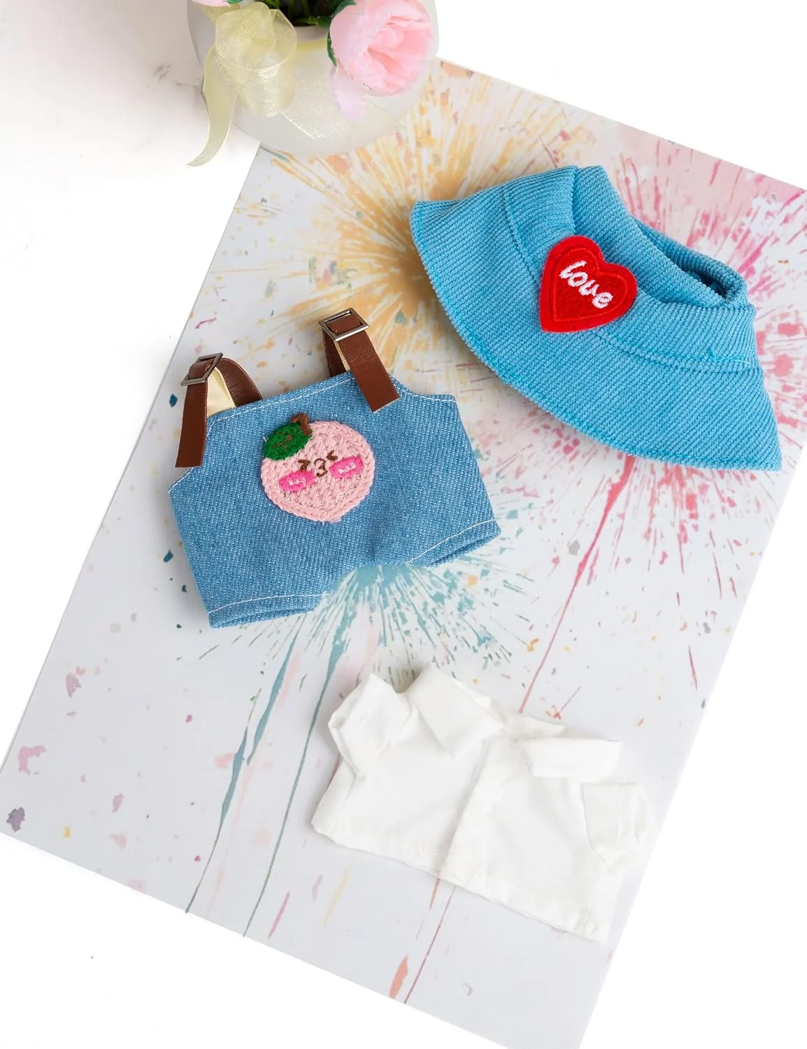 ست لباس 3 تکه شیک برای عروسک 17 سانتی متری لبو، لباس با کیفیت عالی با لوازم جانبی - کلاه فیروزه ای قلب قرمز و پیراهن های پولو و رامپر هلویی (بدون عروسک)