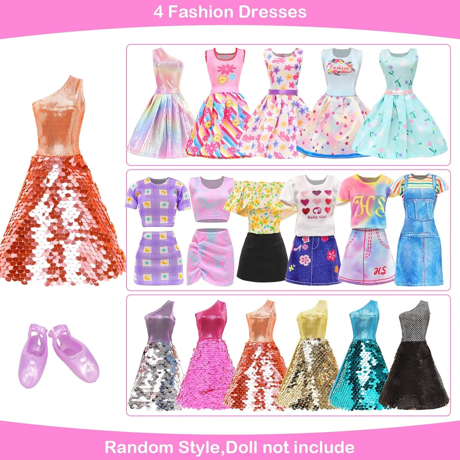 33 تکه لباس و لوازم جانبی عروسک برای عروسک های 11.5 اینچی شامل 2 لباس شب، 4 لباس مد، 4 تاپ، 4 شلوار، 3 مایو، 5 جفت کفش، 2 چوب لباسی و 13 لوازم جانبی