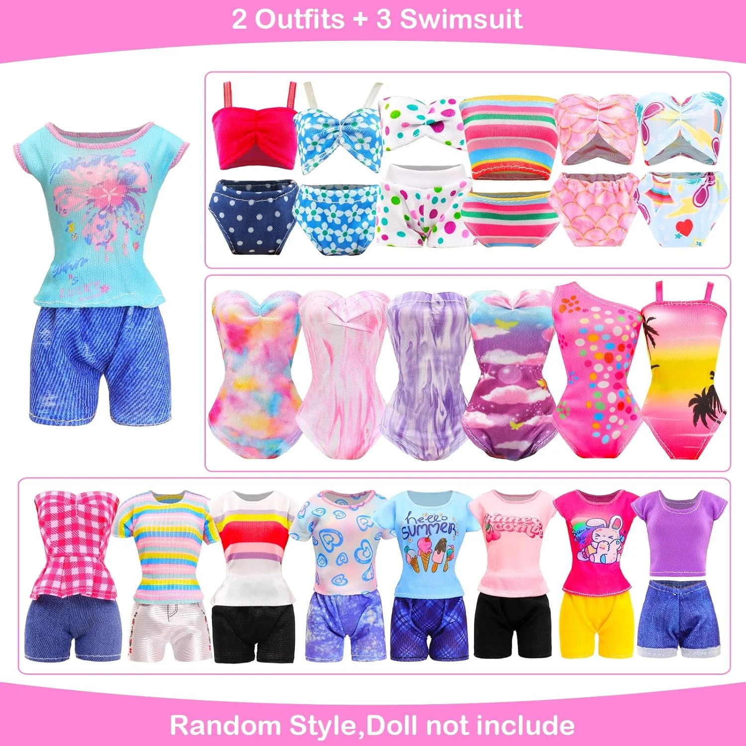 33 تکه لباس و لوازم جانبی عروسک برای عروسک های 11.5 اینچی شامل 2 لباس شب، 4 لباس مد، 4 تاپ، 4 شلوار، 3 مایو، 5 جفت کفش، 2 چوب لباسی و 13 لوازم جانبی