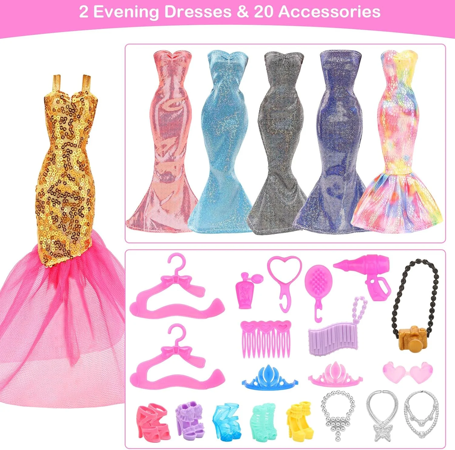 33 تکه لباس و لوازم جانبی عروسک برای عروسک های 11.5 اینچی شامل 2 لباس شب، 4 لباس مد، 4 تاپ، 4 شلوار، 3 مایو، 5 جفت کفش، 2 چوب لباسی و 13 لوازم جانبی