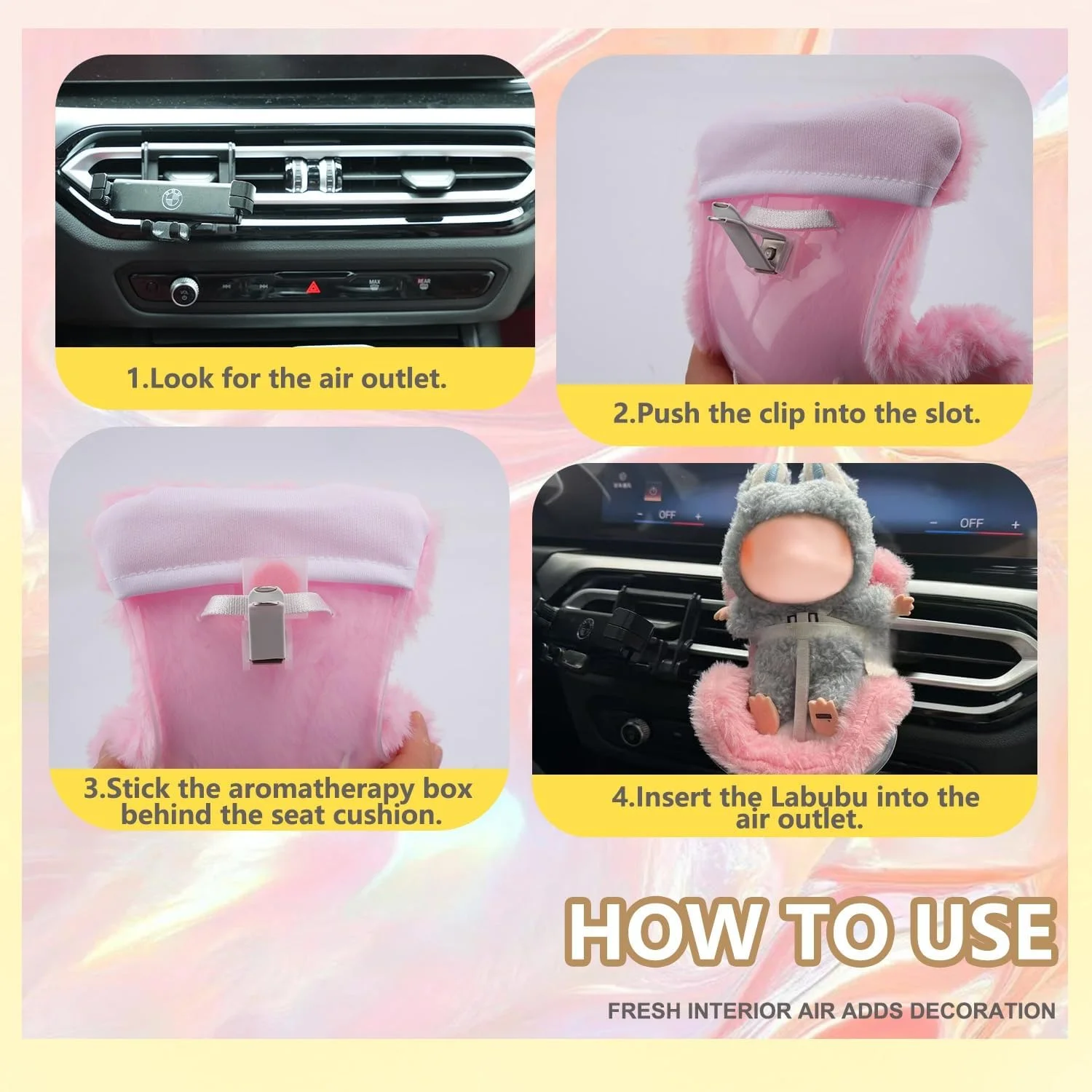 صندلی ماشین برای لابوبو، گیره دریچه صندلی ماشین برای مبل لابوبو، روکش صندلی ماشین کوسن خزدار نرم Pihk با پایه صندلی برای نمایش رومیزی لابوبو، دکوراسیون ماشین برای کلکسیونرهای طرفدار لابوبو (صورتی)