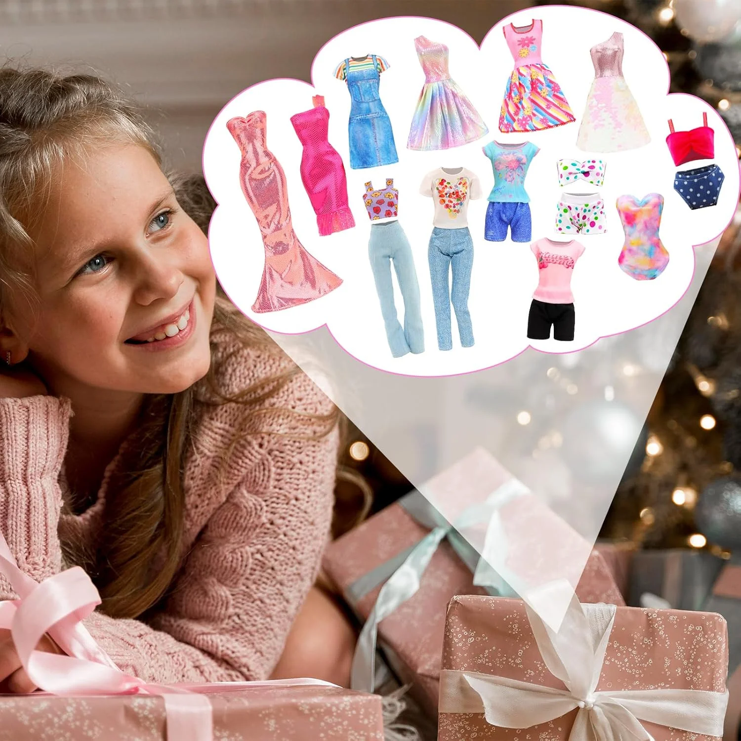 33 تکه لباس و لوازم جانبی عروسک برای عروسک های 11.5 اینچی شامل 2 لباس شب، 4 لباس مد، 4 تاپ، 4 شلوار، 3 مایو، 5 جفت کفش، 2 چوب لباسی و 13 لوازم جانبی