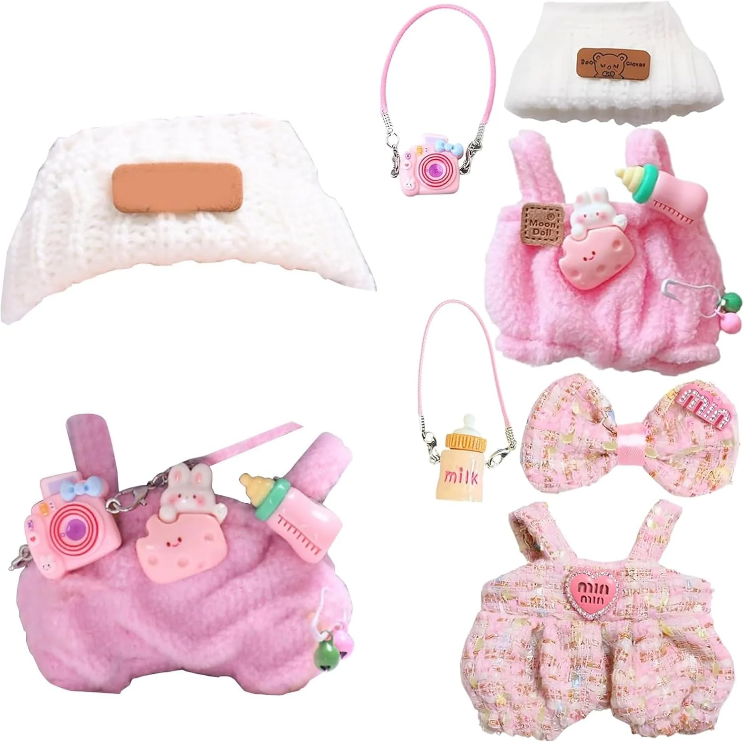 ست لباس عروسک 6 تکه مینی با آویز کودک، پاپیون، کلاه، آویز بطری، دوربین، بطری شیر عروسک برای هالووین، کریسمس، روز ولنتاین، تولد، سالگرد