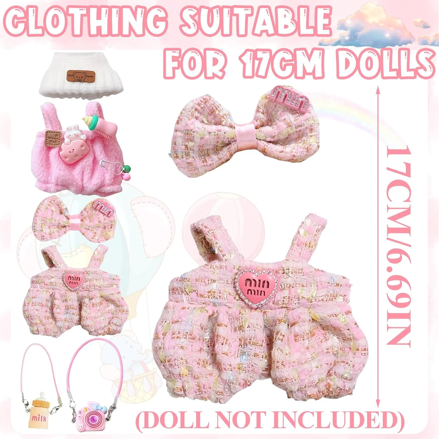 ست لباس عروسک 6 تکه مینی با آویز کودک، پاپیون، کلاه، آویز بطری، دوربین، بطری شیر عروسک برای هالووین، کریسمس، روز ولنتاین، تولد، سالگرد