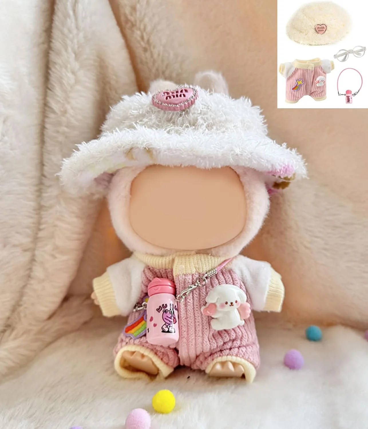 لباس عروسک 17 سانتی متری، ست لباس عروسک 4 تکه Kawaii 17 سانتی متری با لوازم جانبی - کلاه الماس صورتی + عینک شفاف + کتری صورتی + لباس خزنده صورتی (عروسک شامل نمی شود) لباس عروسک 17 سانتی متری، ست لباس عروسک 4 تکه Kawaii 17 سانتی متری با لوازم جانبی - کلاه الماس صورتی + عینک شفاف + کتری صورتی + لباس خزنده صورتی (عروسک شامل نمی شود)
