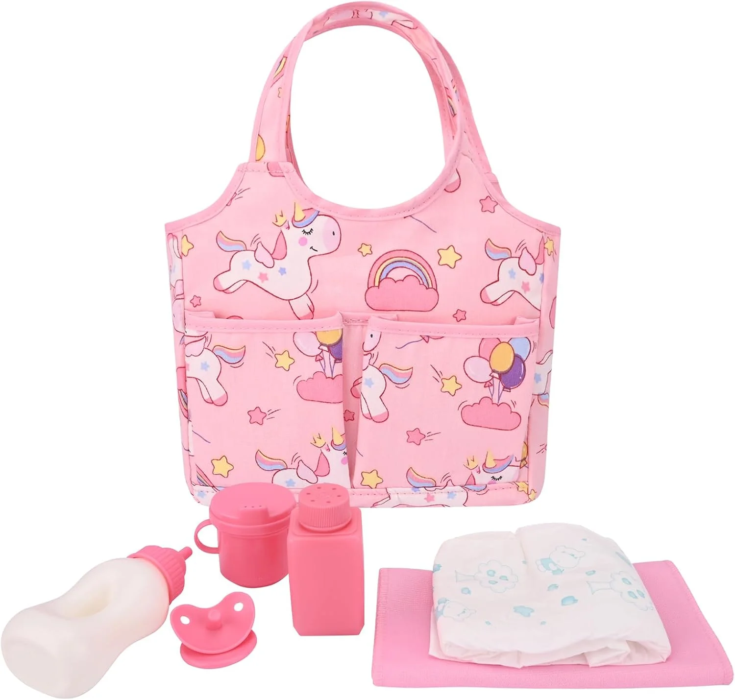 کیف تعویض عروسک نوزاد Bebamour طرح تک شاخ به همراه پد تعویض عروسک و لوازم جانبی حمل عروسک نوزاد، کیف مد روز دخترانه