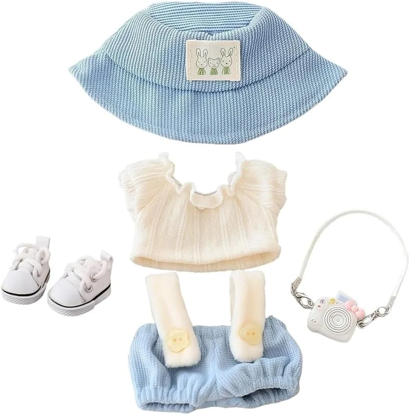 ست 5 تکه لباس عروسک KASTWAVE مناسب برای عروسک های 15 و 17 سانتی متری، شلوار پیشبندی، کلاه، ژاکت، کفش و دوربین، لباس عروسک جایگزین شیک، آبی (عروسک شامل نمی شود)
