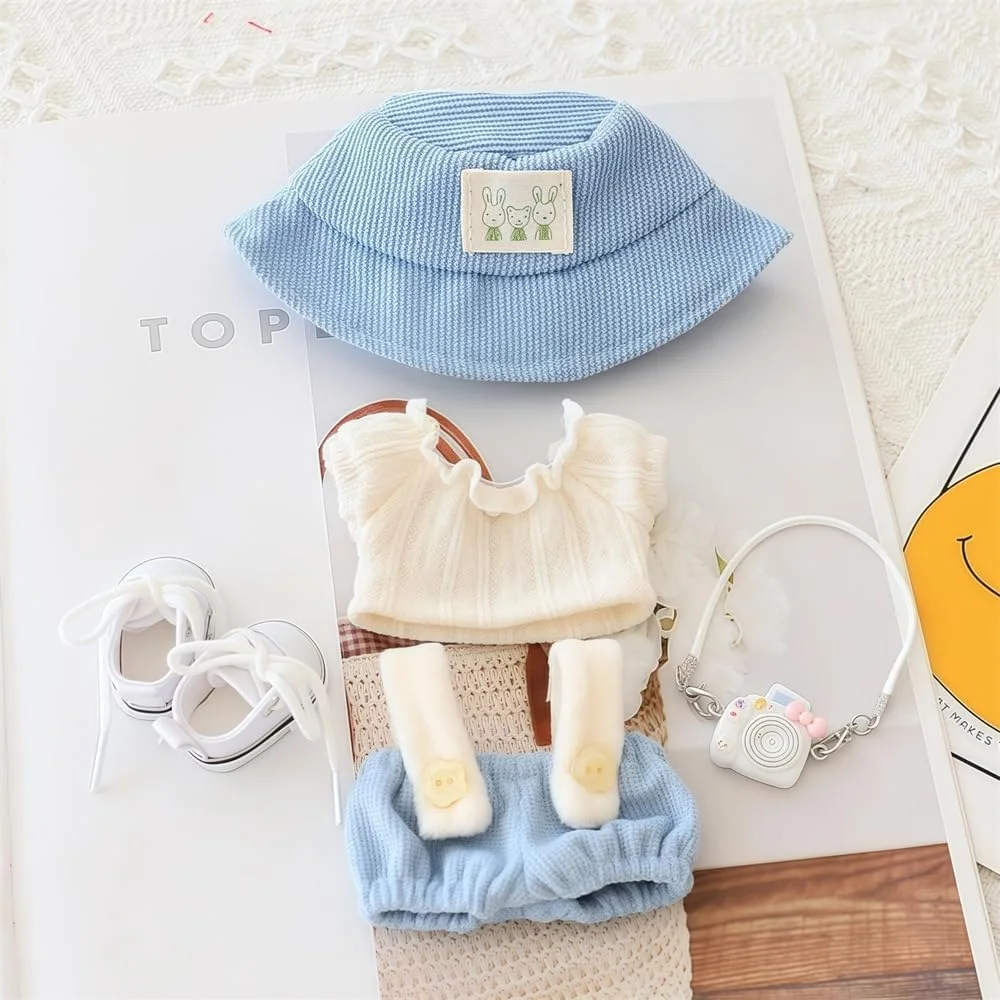 ست 5 تکه لباس عروسک KASTWAVE مناسب برای عروسک های 15 و 17 سانتی متری، شلوار پیشبندی، کلاه، ژاکت، کفش و دوربین، لباس عروسک جایگزین شیک، آبی (عروسک شامل نمی شود)