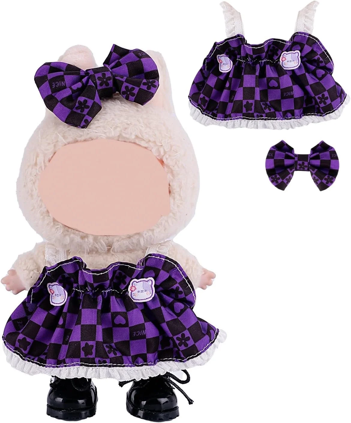 لباس عروسک 17 سانتی متری، ست دامن برای عروسک ها، ست 2 تکه لباس دامن پاپیونی، لباس شیک و زیبا برای لوازم جانبی عروسک های 17 سانتی متری (بدون عروسک) (بنفش)