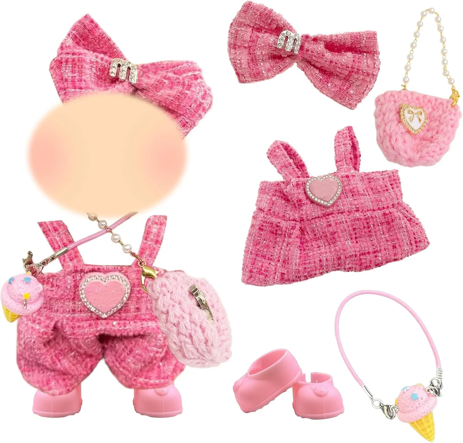 ست لباس عروسک 5 تکه 17 سانتی متری صورتی شامل 1 گیره مو، 1 شلوار پیشبندی، 1 کیف، 1 آویز و 1 جفت کفش، مناسب برای عروسک های 17 سانتی متری پسر و دختر، بهترین هدیه (بدون عروسک)