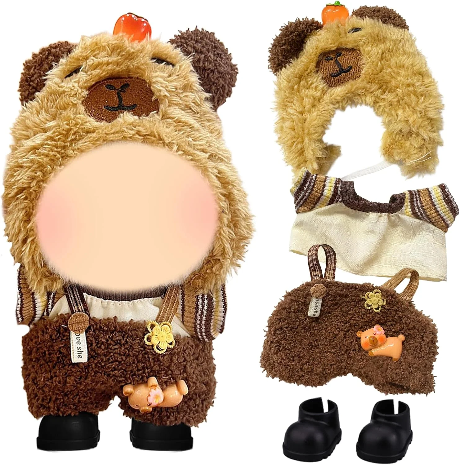 لباس های پولیشی برای عروسک های 17 سانتی متری، لباس عروسک اسباب بازی بغل کردنی، لباس خرس، بسته 4 عددی، کلاه خرسی، سرهمی پولیشی قهوه ای، ژاکت، کفش های مشکی، لوازم جانبی عروسک، هدایای لباس، پسران دختران