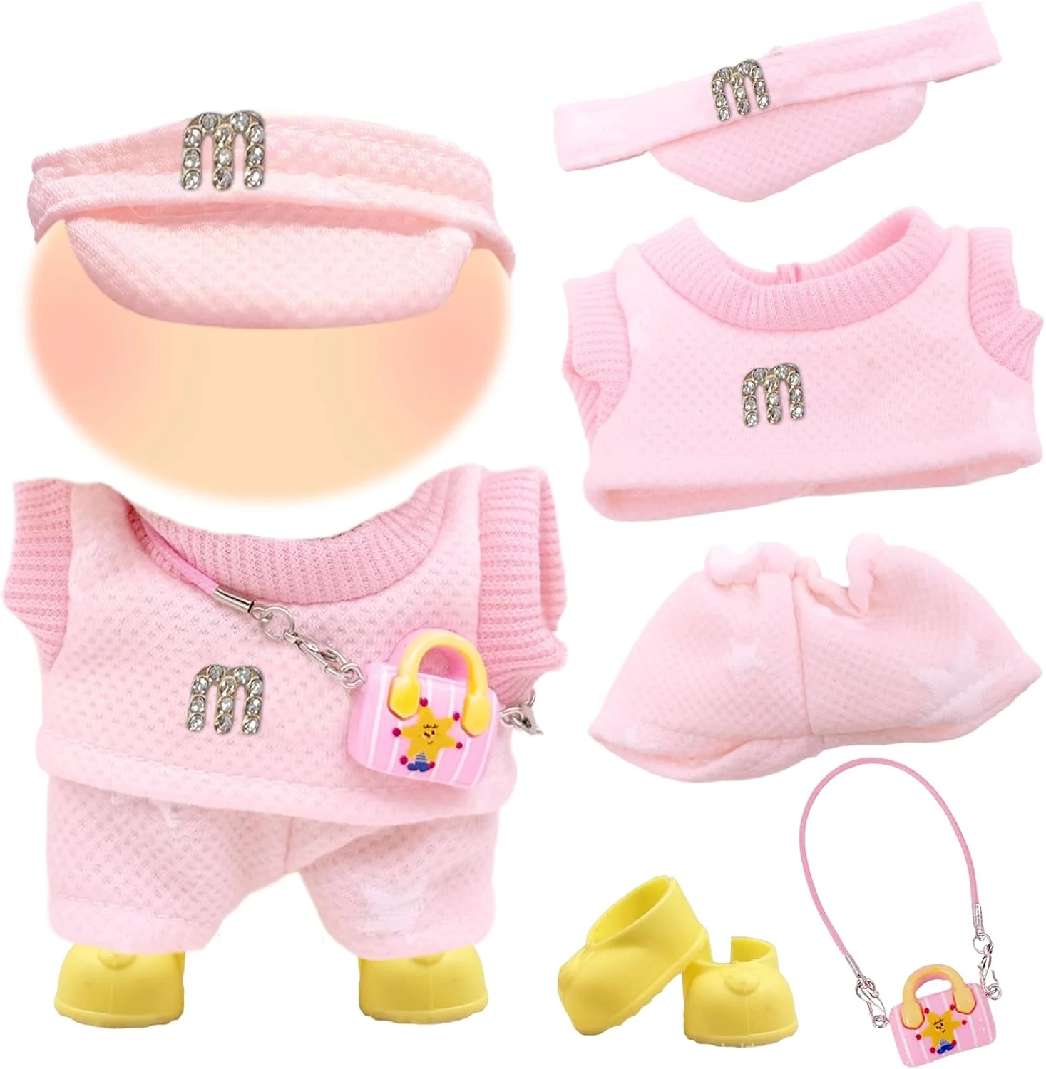 ست 5 تکه لباس عروسک مناسب عروسک های 17 سانتی متری، ست لوازم جانبی لباس ورزشی صورتی عروسک با کلاه، تاپ، شلوار، کیف و کفش برای هدیه تولد دختران، بدون عروسک