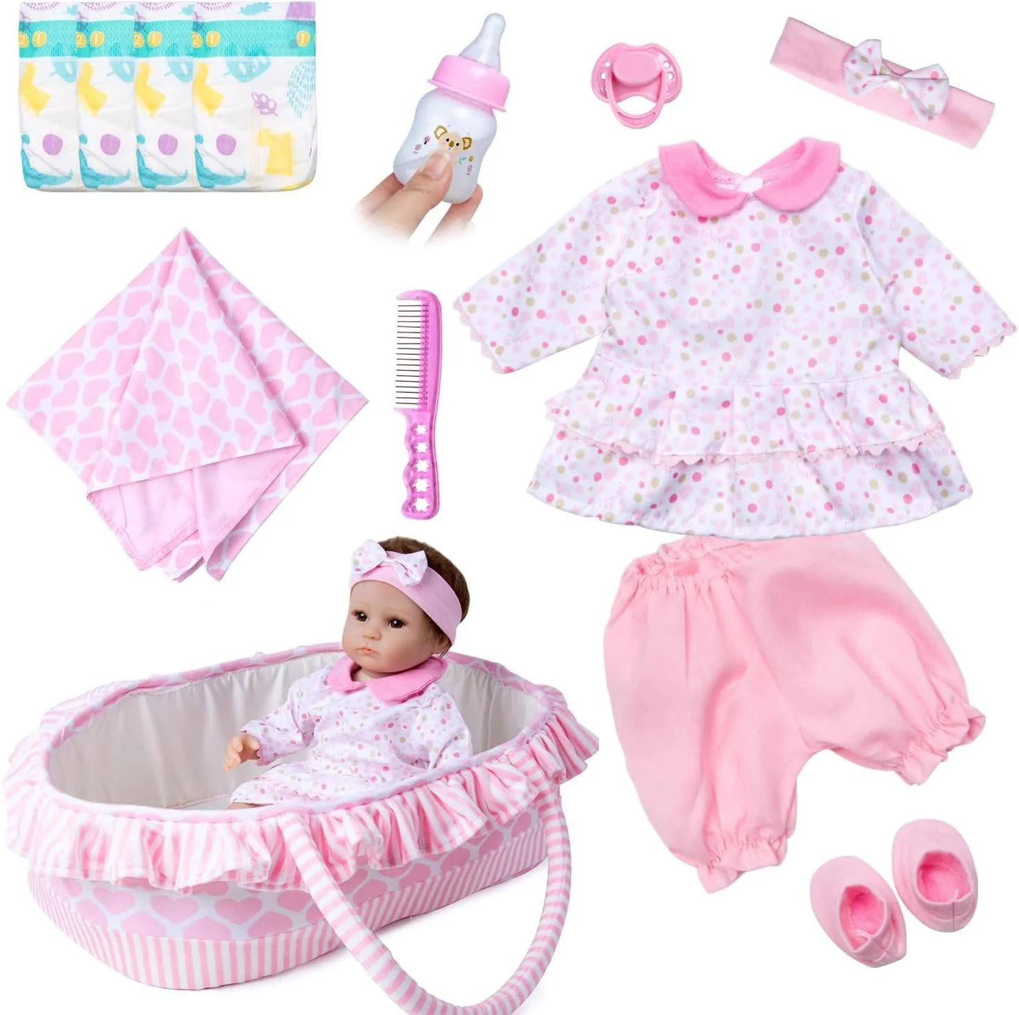 ست لباس 13 تکه عروسک نوزاد Medylove به همراه سبد برای عروسک های 16-18 اینچی، لوازم جانبی عروسک نوزاد، ست هدیه خال خال صورتی دخترانه