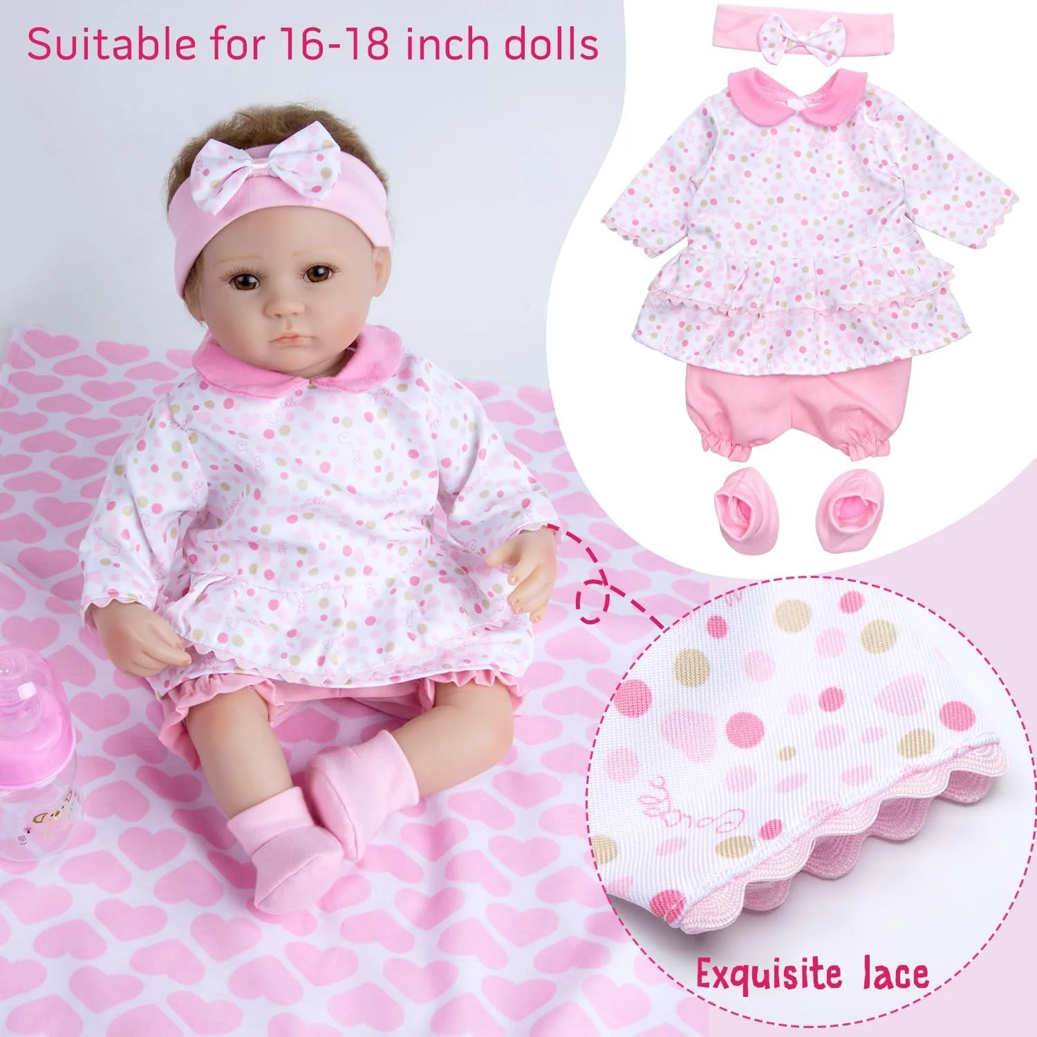 ست لباس 13 تکه عروسک نوزاد Medylove به همراه سبد برای عروسک های 16-18 اینچی، لوازم جانبی عروسک نوزاد، ست هدیه خال خال صورتی دخترانه ست لباس 13 تکه عروسک نوزاد Medylove به همراه سبد برای عروسک های 16-18 اینچی، لوازم جانبی عروسک نوزاد، ست هدیه خال خال صورتی دخترانه