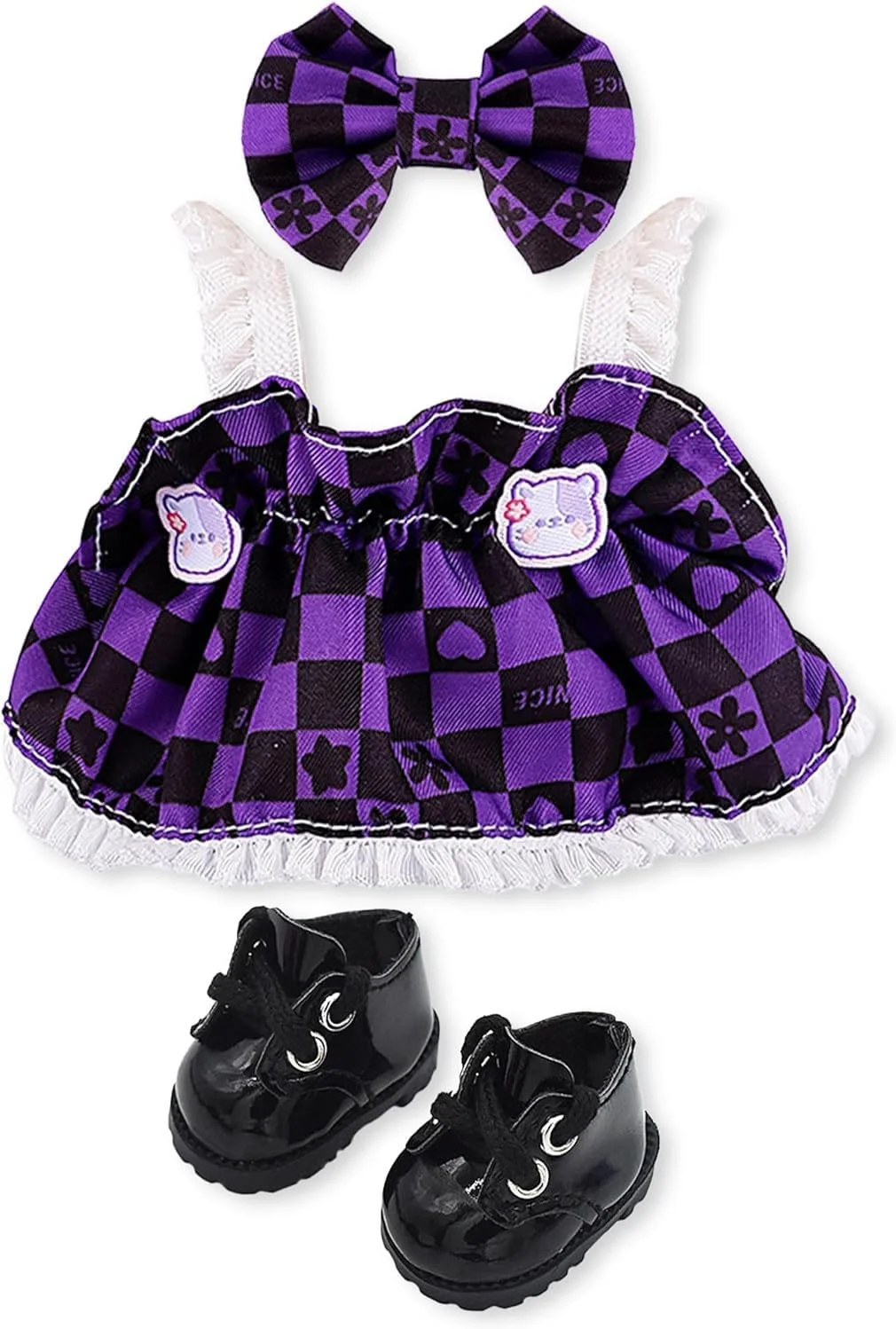 لباس دست ساز برای عروسک 17 سانتی متری، مناسب برای لوازم جانبی عروسک 17 سانتی متری، لباس های زیبا، لباس های زیبا برای لباس پوشیدن با سبک منحصر به فرد - دامن بنفش + کفش مشکی + پاپیون بنفش (بدون عروسک)