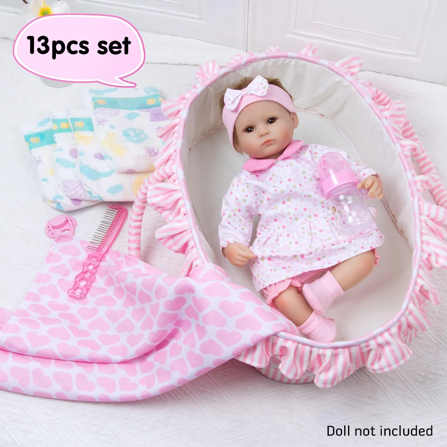 ست لباس 13 تکه عروسک نوزاد Medylove به همراه سبد برای عروسک های 16-18 اینچی، لوازم جانبی عروسک نوزاد، ست هدیه خال خال صورتی دخترانه ست لباس 13 تکه عروسک نوزاد Medylove به همراه سبد برای عروسک های 16-18 اینچی، لوازم جانبی عروسک نوزاد، ست هدیه خال خال صورتی دخترانه