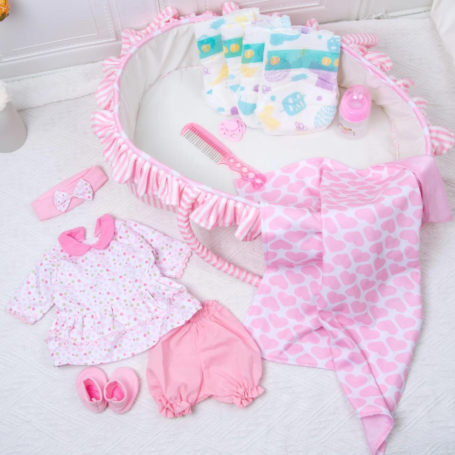 ست لباس 13 تکه عروسک نوزاد Medylove به همراه سبد برای عروسک های 16-18 اینچی، لوازم جانبی عروسک نوزاد، ست هدیه خال خال صورتی دخترانه ست لباس 13 تکه عروسک نوزاد Medylove به همراه سبد برای عروسک های 16-18 اینچی، لوازم جانبی عروسک نوزاد، ست هدیه خال خال صورتی دخترانه