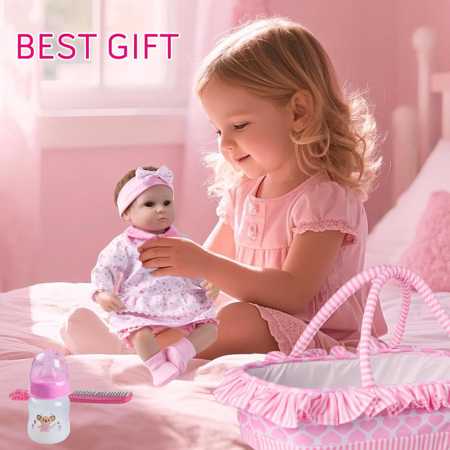 ست لباس 13 تکه عروسک نوزاد Medylove به همراه سبد برای عروسک های 16-18 اینچی، لوازم جانبی عروسک نوزاد، ست هدیه خال خال صورتی دخترانه ست لباس 13 تکه عروسک نوزاد Medylove به همراه سبد برای عروسک های 16-18 اینچی، لوازم جانبی عروسک نوزاد، ست هدیه خال خال صورتی دخترانه