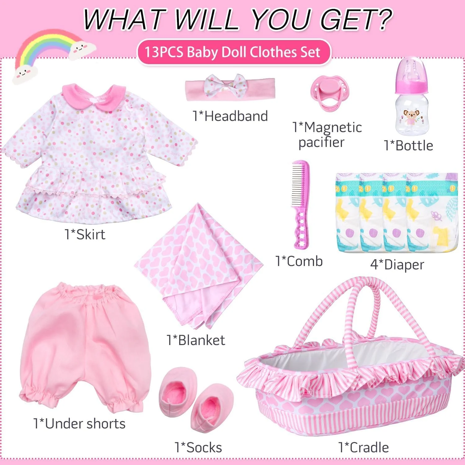 ست لباس 13 تکه عروسک نوزاد Medylove به همراه سبد برای عروسک های 16-18 اینچی، لوازم جانبی عروسک نوزاد، ست هدیه خال خال صورتی دخترانه ست لباس 13 تکه عروسک نوزاد Medylove به همراه سبد برای عروسک های 16-18 اینچی، لوازم جانبی عروسک نوزاد، ست هدیه خال خال صورتی دخترانه