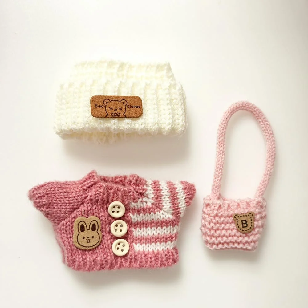 ست 3 تکه لباس عروسک بافتنی دست ساز - سازگار با عروسک های 5.91-6.7 اینچی LBB فقط به عنوان لوازم جانبی، لباس عروسک ممتاز با لوازم جانبی، کلاه بافتنی دستی، ژاکت، کیف (صورتی)