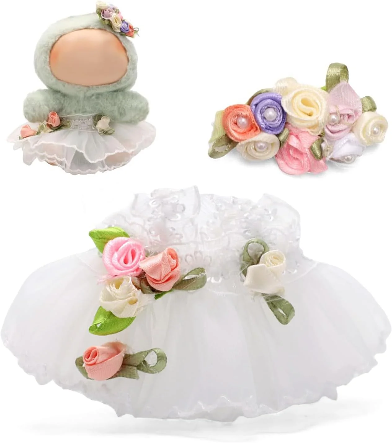 ست لباس عروس عروسکی شیک برای عروسک های پولیشی نشسته 15 سانتی متری و ایستاده 17 سانتی متری، شامل لباس سفید و گیره موی گل، سازگار با عروسک های پولیشی لابوبو