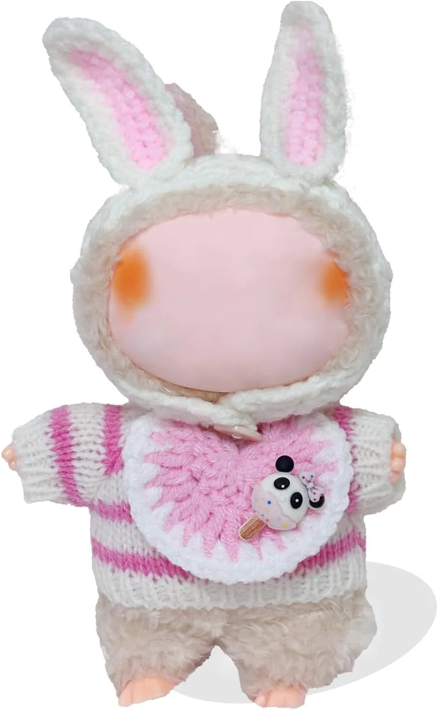 ست 3 تکه لباس و لوازم جانبی عروسک برای عروسک های لابوبو 17 سانتی متری، لباس بافتنی با لوازم جانبی خرگوش صورتی، لباس عروسک پولیشی نرم و شیک (عروسک شامل نمی شود)