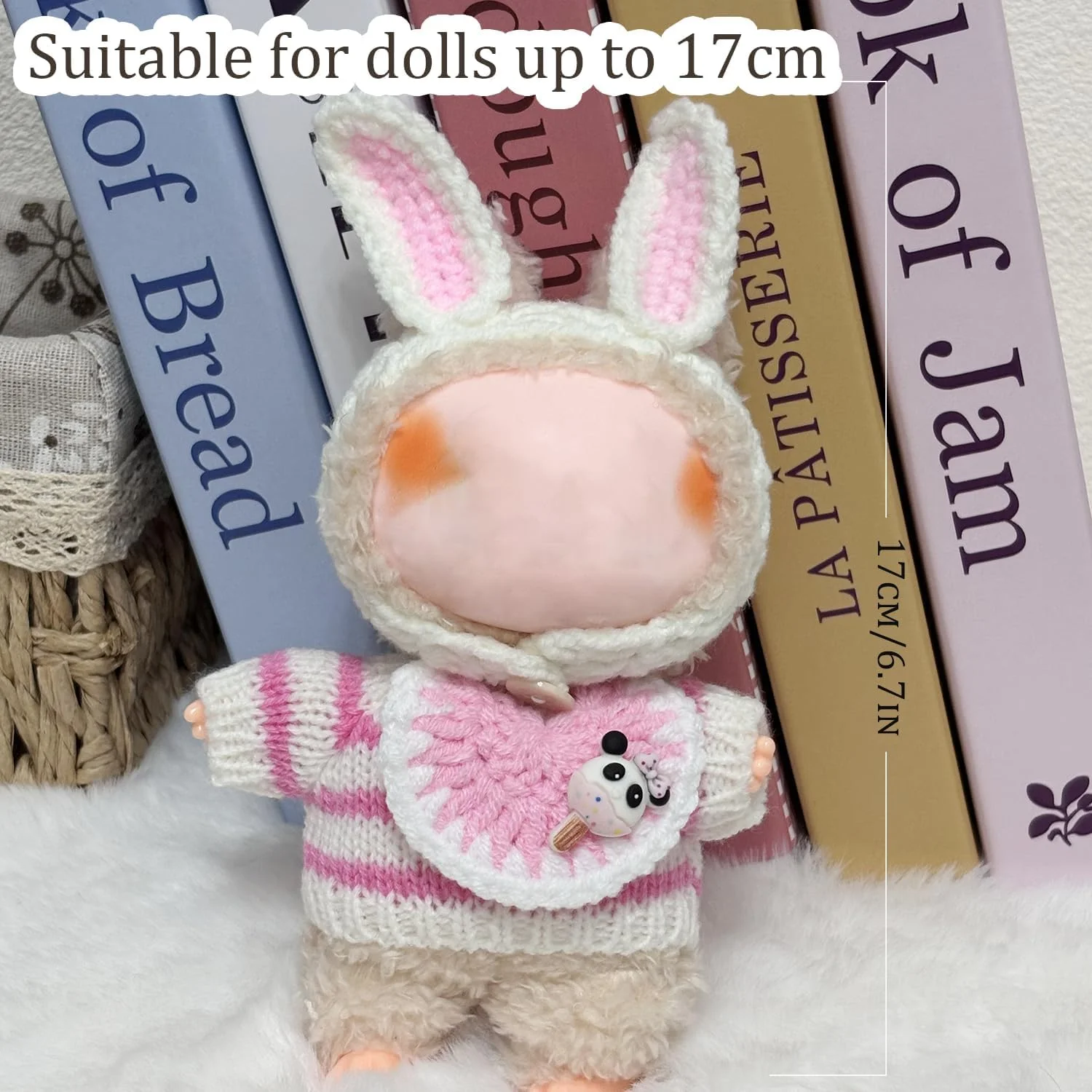 ست 3 تکه لباس و لوازم جانبی عروسک برای عروسک های لابوبو 17 سانتی متری، لباس بافتنی با لوازم جانبی خرگوش صورتی، لباس عروسک پولیشی نرم و شیک (عروسک شامل نمی شود)