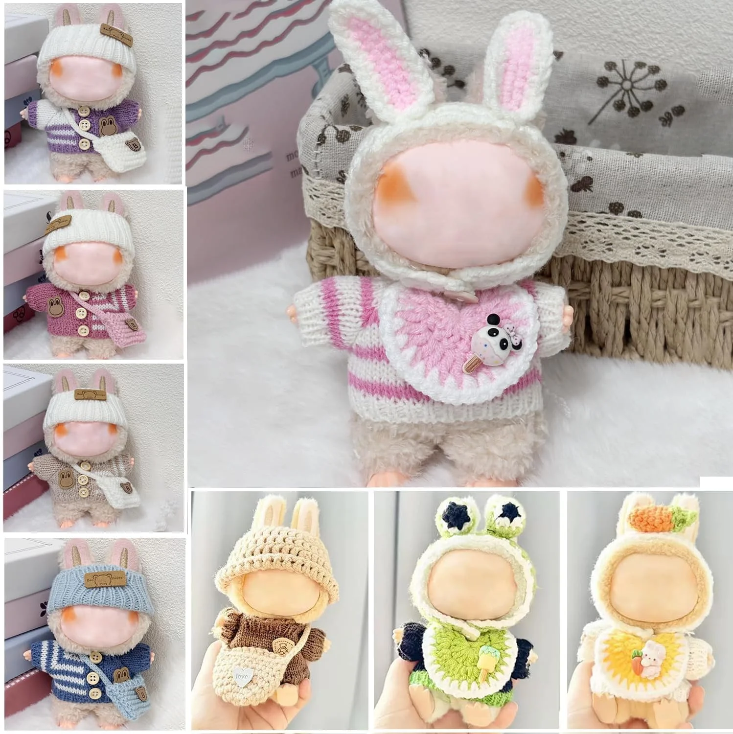 ست 3 تکه لباس و لوازم جانبی عروسک برای عروسک های لابوبو 17 سانتی متری، لباس بافتنی با لوازم جانبی خرگوش صورتی، لباس عروسک پولیشی نرم و شیک (عروسک شامل نمی شود)