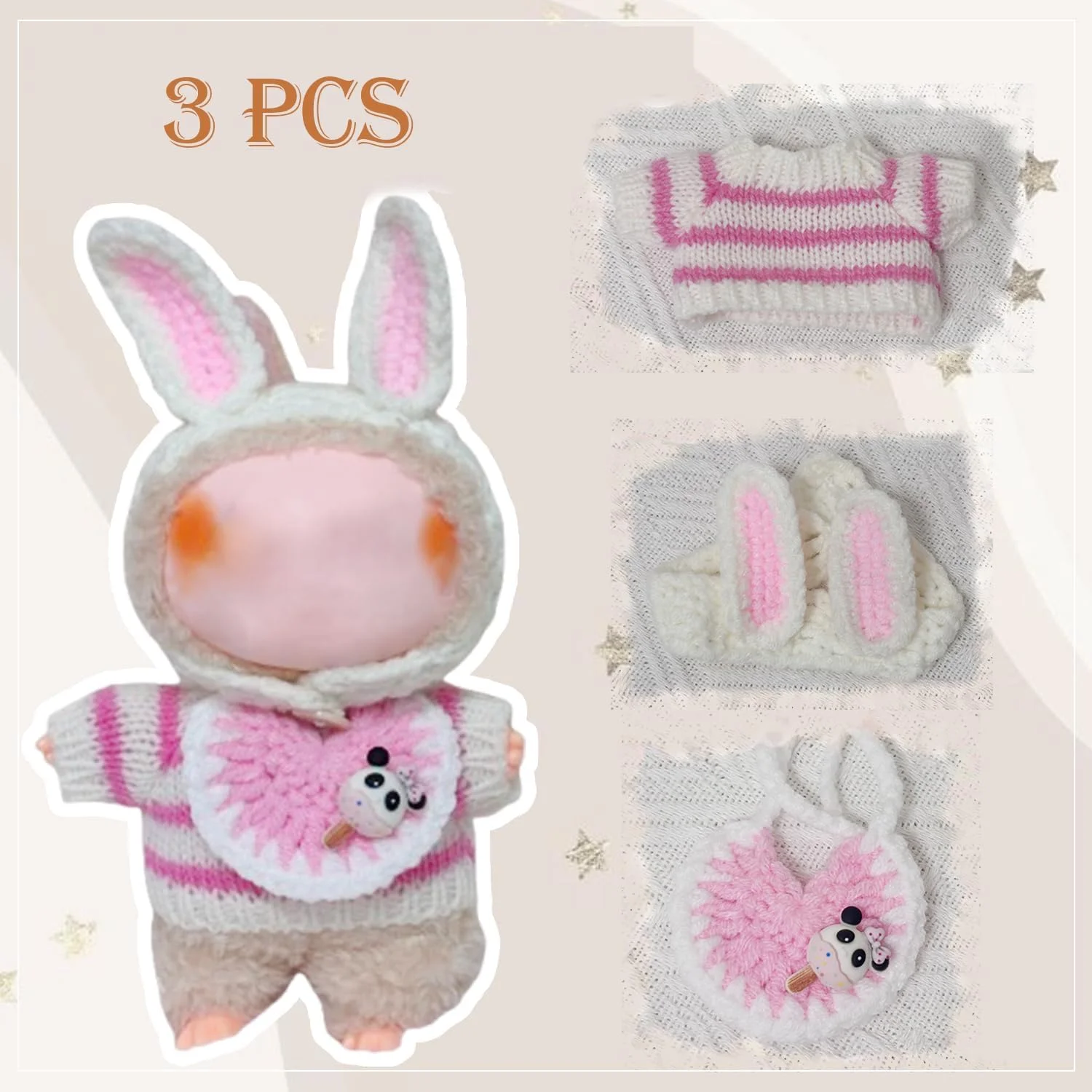 ست 3 تکه لباس و لوازم جانبی عروسک برای عروسک های لابوبو 17 سانتی متری، لباس بافتنی با لوازم جانبی خرگوش صورتی، لباس عروسک پولیشی نرم و شیک (عروسک شامل نمی شود)