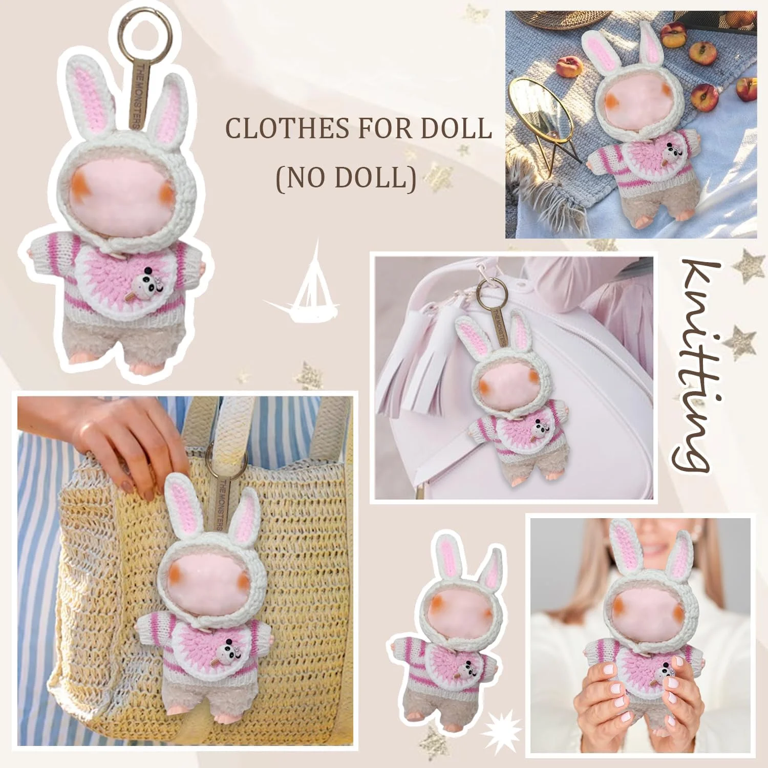 ست 3 تکه لباس و لوازم جانبی عروسک برای عروسک های لابوبو 17 سانتی متری، لباس بافتنی با لوازم جانبی خرگوش صورتی، لباس عروسک پولیشی نرم و شیک (عروسک شامل نمی شود)