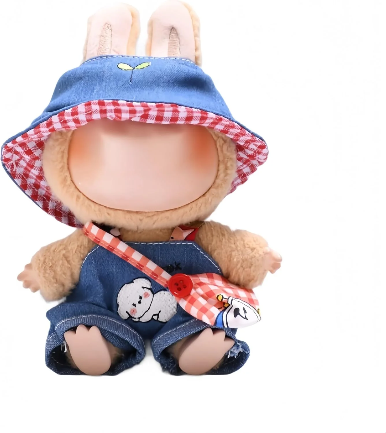 ست لباس دست ساز 3 تکه عروسک برای عروسک های 17 سانتی متری، شامل لباس سرهمی سگ آبی، کلاه چهارخانه آبی و کیف دوشی چهارخانه، لباس های زیبا و شیک برای کلکسیونرها (بدون عروسک)