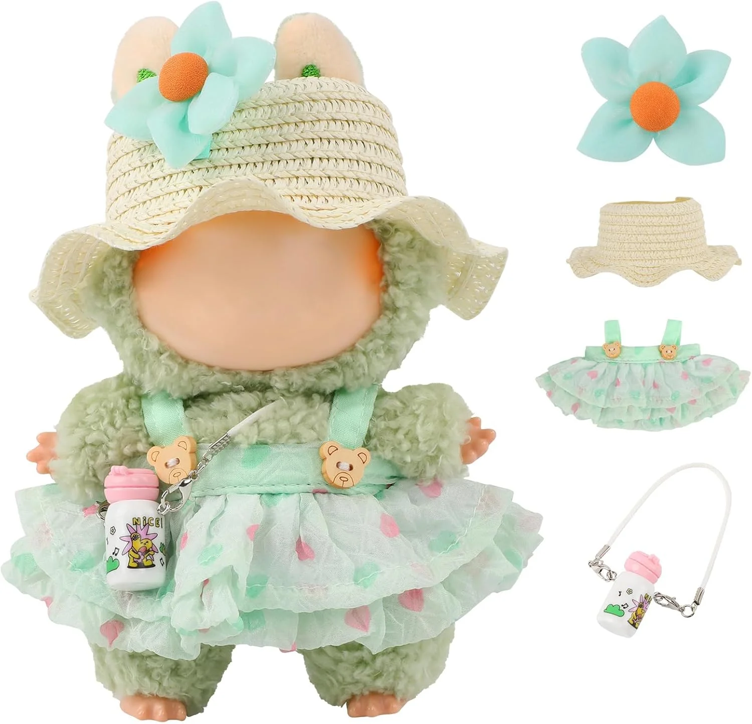 ست لباس عروسک 17 سانتی متری، ست 4 تکه لباس پریمیوم با لوازم جانبی، شامل دامن پرنسسی، کلاه، رامپر، فنجان آب و گل، ایده آل برای بازی و نمایش عروسک های نسل 1/2/3 (سبز)