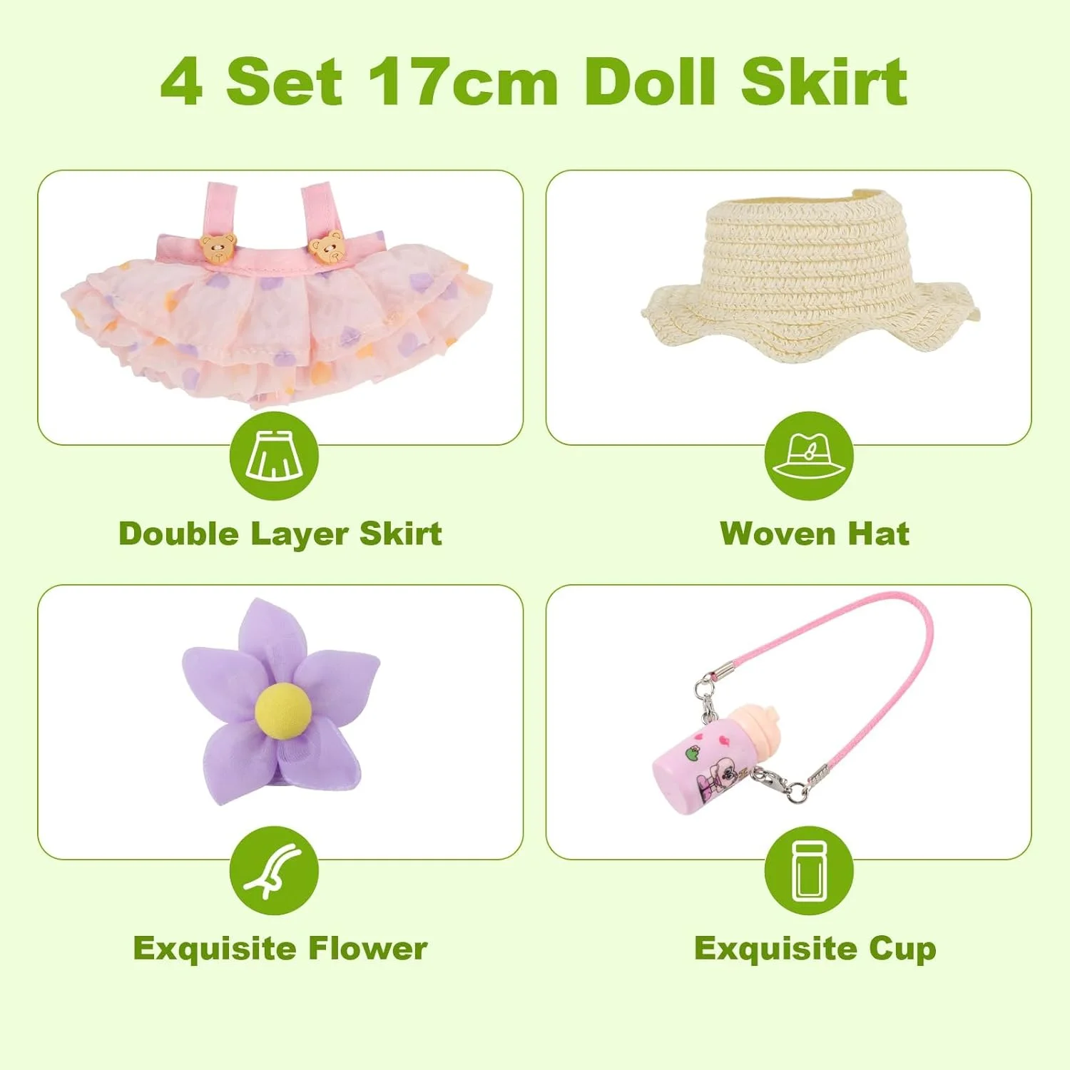 ست لباس عروسک 17 سانتی متری، ست 4 تکه لباس پریمیوم با لوازم جانبی، شامل دامن پرنسسی، کلاه، رامپر، فنجان آب و گل، ایده آل برای بازی و نمایش عروسک های نسل 1/2/3 (سبز)