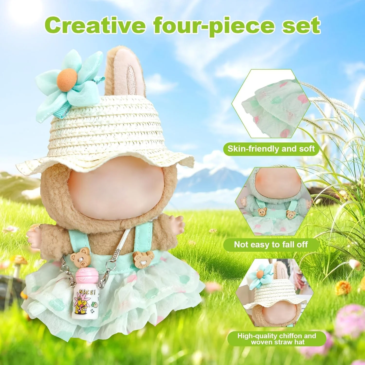 ست لباس عروسک 17 سانتی متری، ست 4 تکه لباس پریمیوم با لوازم جانبی، شامل دامن پرنسسی، کلاه، رامپر، فنجان آب و گل، ایده آل برای بازی و نمایش عروسک های نسل 1/2/3 (سبز)