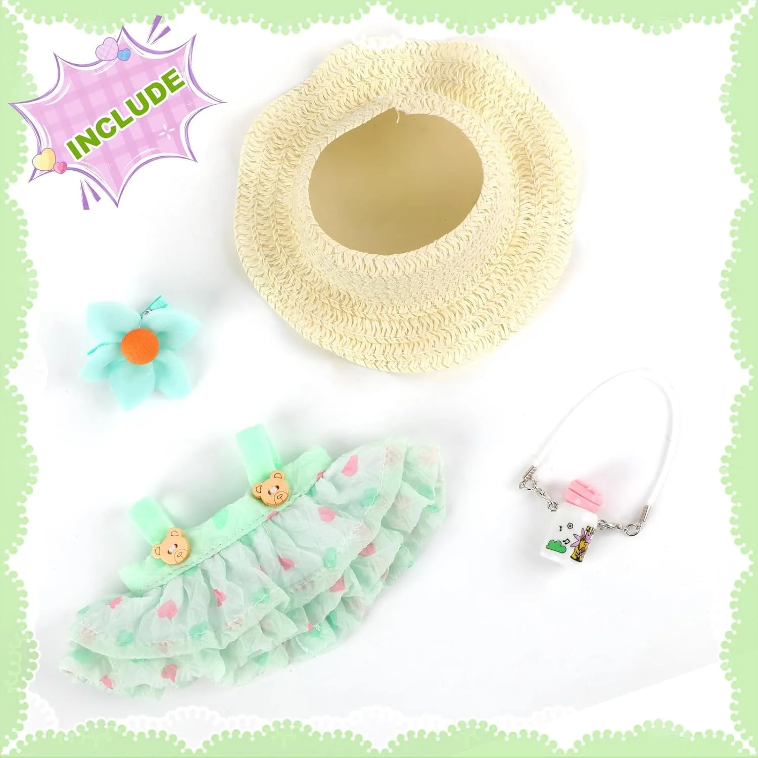 ست لباس عروسک 17 سانتی متری، ست 4 تکه لباس پریمیوم با لوازم جانبی، شامل دامن پرنسسی، کلاه، رامپر، فنجان آب و گل، ایده آل برای بازی و نمایش عروسک های نسل 1/2/3 (سبز)