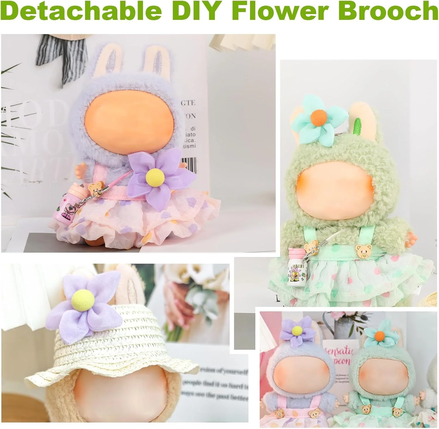 ست لباس عروسک 17 سانتی متری، ست 4 تکه لباس پریمیوم با لوازم جانبی، شامل دامن پرنسسی، کلاه، رامپر، فنجان آب و گل، ایده آل برای بازی و نمایش عروسک های نسل 1/2/3 (سبز)