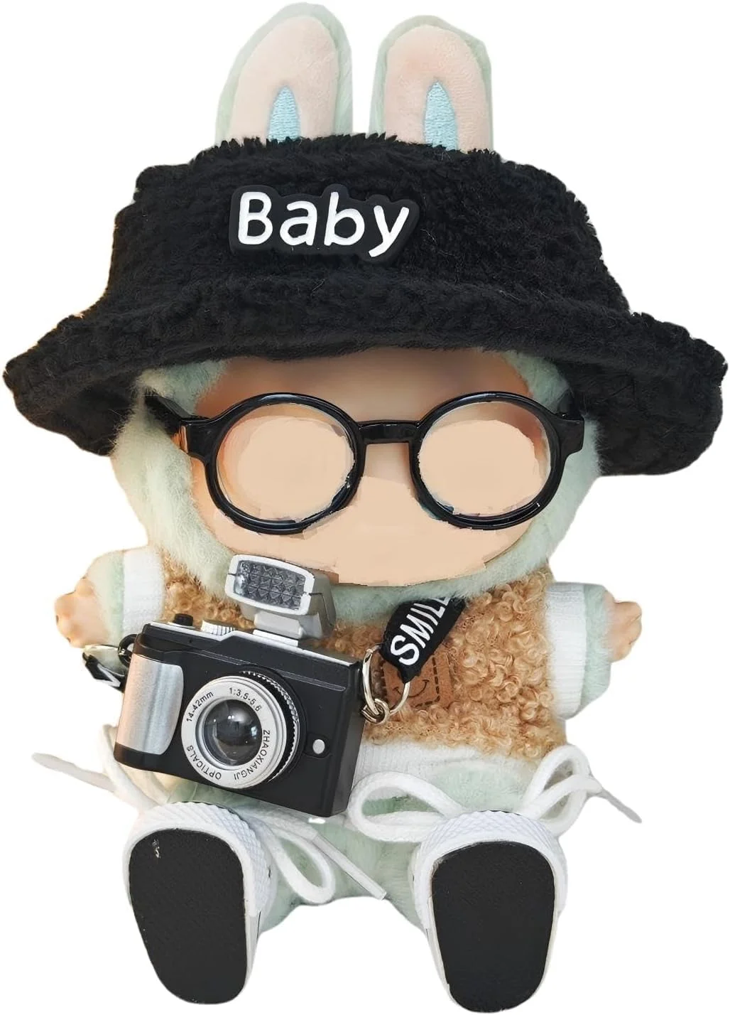 ست لباس عکاسی جذاب برای عروسک های لابوبو نسل 1/2/3، تاپ پشمی صورتک خندان قهوه ای، کلاه پشمی مشکی، دوربین مینیاتوری، عینک، کفش های کتانی، ایده آل برای طرفداران و کلکسیونرها (عروسک شامل نمی شود)