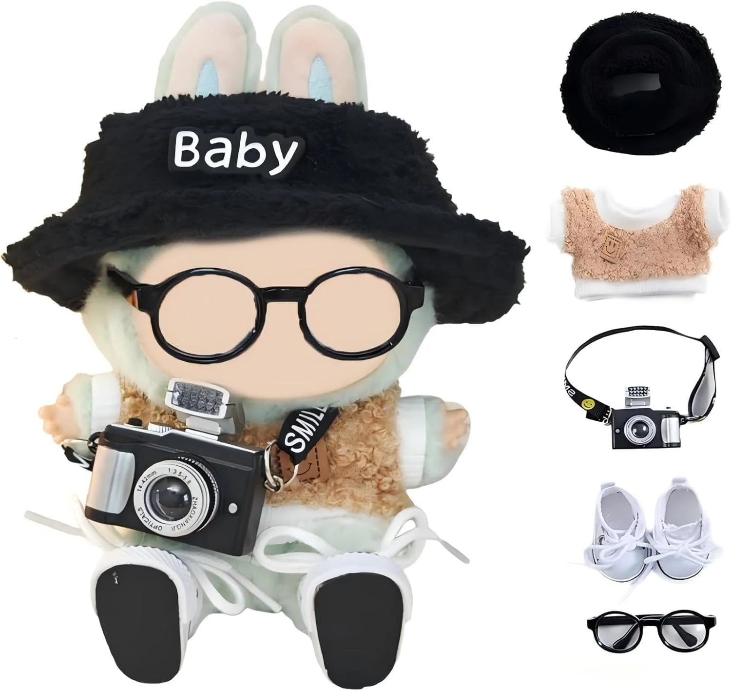 ست لباس عکاسی جذاب برای عروسک های لابوبو نسل 1/2/3، تاپ پشمی صورتک خندان قهوه ای، کلاه پشمی مشکی، دوربین مینیاتوری، عینک، کفش های کتانی، ایده آل برای طرفداران و کلکسیونرها (عروسک شامل نمی شود)