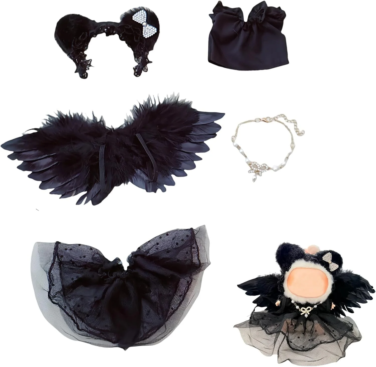 لباس شیطان کوچک مشکی برای عروسک های لابوبو نسل 1/2/3، شامل هدبند مشکی، بال، دامن توری، لباس زیر و گردنبند مروارید، پارچه نرم و بادوام، مناسب برای استایل فانتزی (بدون عروسک)