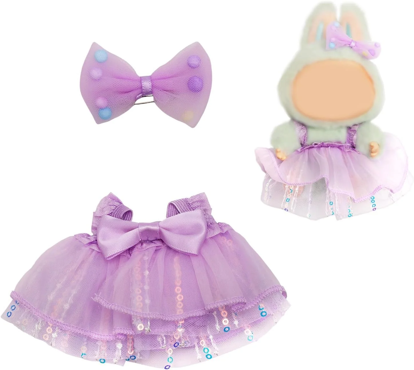 لباس عروسکی برای عروسک های 13 سانتی متری، دامن توری پولک دار بنفش کاوایی با گیره پاپیونی، لوازم جانبی لباس عروسکی لوکس برای استایل و نمایش منحصر به فرد (عروسک شامل نمی شود)