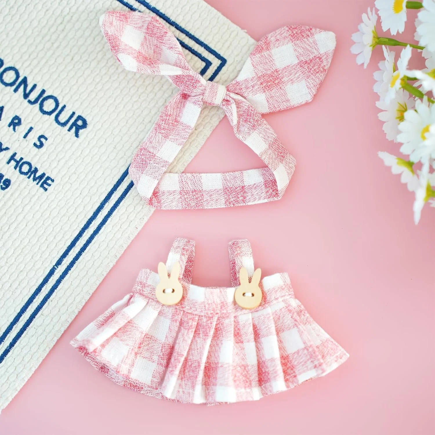 لباس عروسک 17 سانتی متری، لباس صورتی زیبا برای عروسک، ست 2 تکه لباس چهارخانه و هدبند پاپیونی، لباس های کاوایی برای لباس پوشیدن، لباس و لوازم جانبی عروسک مد روز - سبک عالی برای نمایش (بدون عروسک)