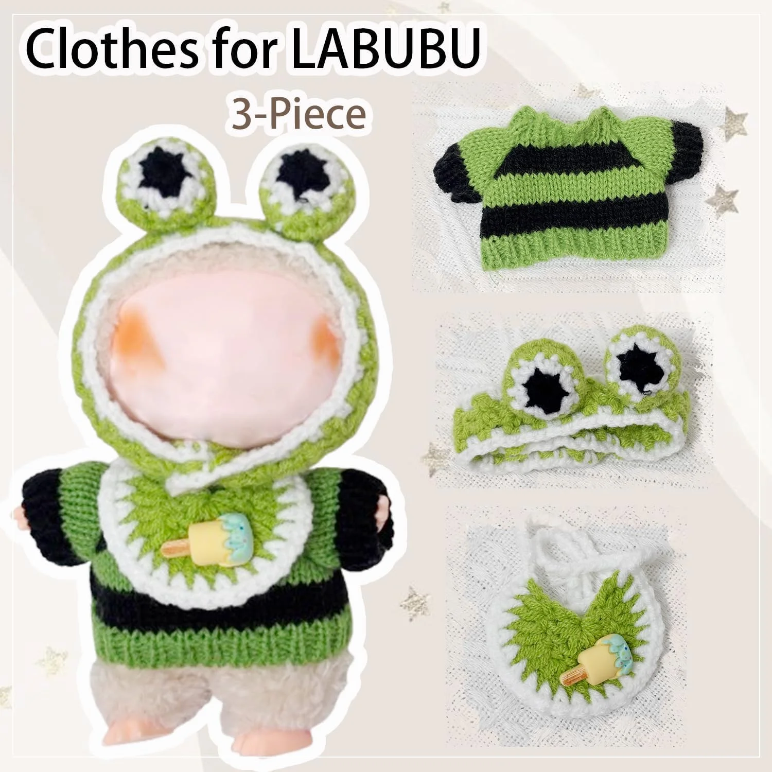 ست لباس و لوازم جانبی 3 تکه برای عروسک های 6.7 اینچی لابوبو، شامل لباس با طرح قورباغه، لباس های دوست داشتنی برای کلکسیونرهای لابوبو (عروسک شامل نمی شود) ست لباس و لوازم جانبی 3 تکه برای عروسک های 6.7 اینچی لابوبو، شامل لباس با طرح قورباغه، لباس های دوست داشتنی برای کلکسیونرهای لابوبو (عروسک شامل نمی شود)